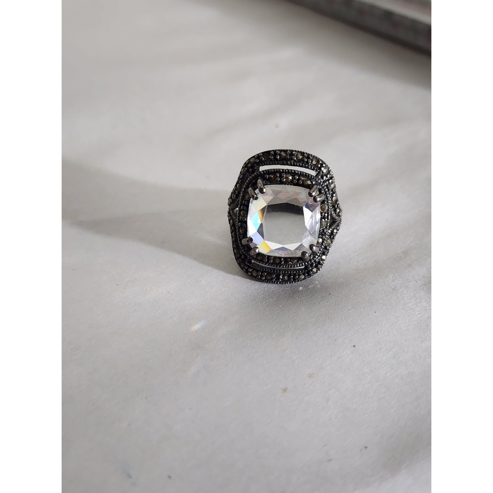 925 NV Sterling Silver Marcasite Clear Stone Statement Ring Size 6–6.5 10g